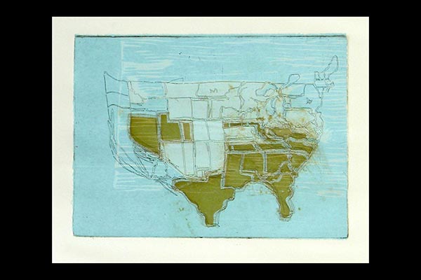Mapping My Country, 2009, relief, etching and chine collie, 12x9"